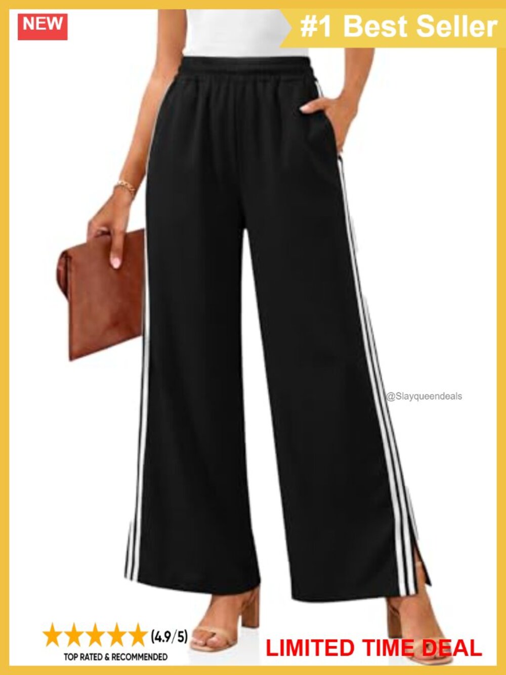 Striped Wide Leg Palazzo Pants High Waist Side Split Elastic Casual Trousers